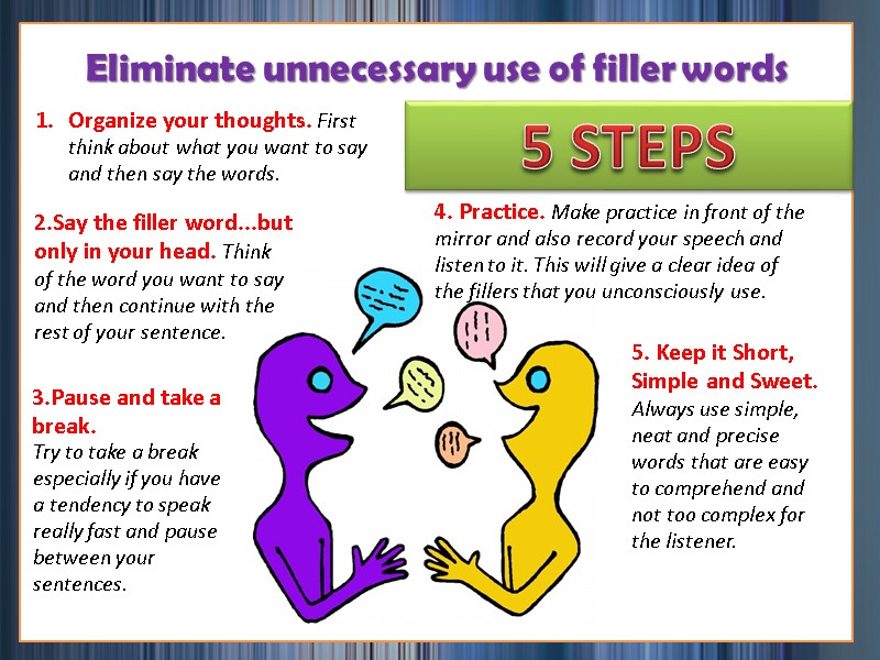 Eliminate unnecessary use of filler words  Organize your thoughts. First think about what